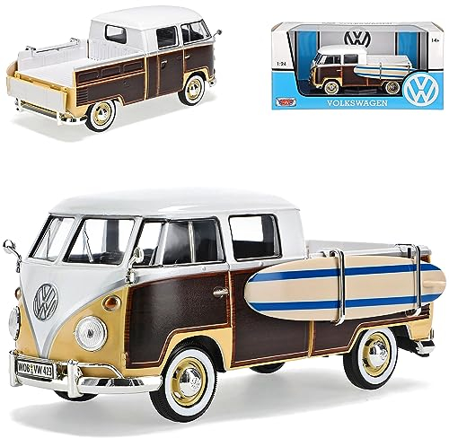 Motormax Volkwagen T1 Pritsche Braun Weiss mit Surfbrett Samba Bully Bus 1950-1967 1/24 Modell Auto mit individiuellem Wunschkennzeichen