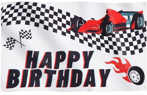 Runesol Geburtstagsflagge kariert, 91x152 cm, 4 Ösen, eine in jeder Ecke, Partydeko, Rennauto, F1, Premium-Flaggen für drinnen und draußen, Alles Gute zum Geburtstag