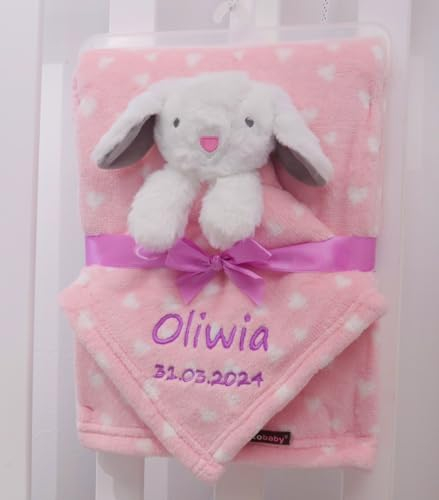 BotoBaby® GESCHENKSET Babydecke mit Namen und Datum Bestickt + Schmusetuch mit Namen ★ Geschenk ★Geburt ★ Taufe ★ (Rosa - Hase)