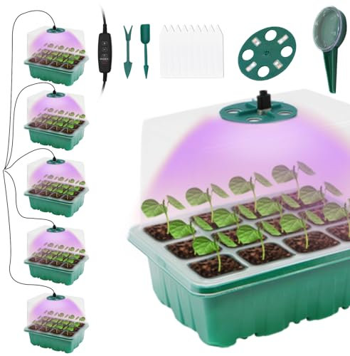 MYMULIKE Seed Starter Tray with Grow Light, 5 Packs Plant Starter Tray Seedling Starter Kit with Humidity Domes Base Indoor Greenhouse Mini Propagator Station for Seeds Growing Starting