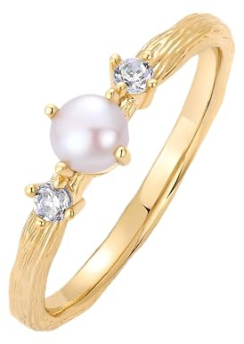 PAVOI 14K Yellow Gold Plated Pearl Hammered Ring for Women | Dainty Elegant Stackable Cubic Zirconia Thin Band for Women | Size 8