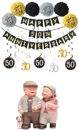 Loving Elderly Couple Figurines,50th Anniversary Golden Marriage Wedding Cake Toppers Decoration Polyresin Figurines Collectibles for Parents Christmas Valentine's Day Gift (couple 002+banner)