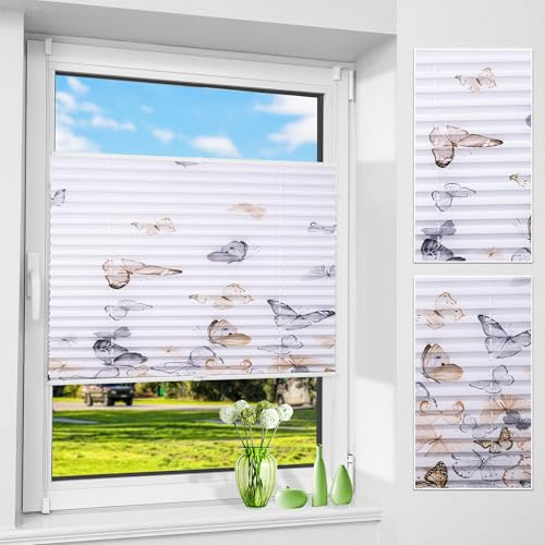 Allesin Plissee ohne Bohren mit Schmetterlingsmotiv, Plissees Klemmfix mit Muster, Weiß 85x120cm(BxH), Plisseerollo Jalousie Rollos für Fenster und Tür, Sichtschutz und Sonnenschutz