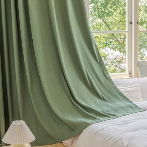 Epinki Grün Vorhang Blickdicht Verdunkelung 2er Set, Jacquard Einfarbig Ösen Gardinen Blickdicht, Ösen Vorhang für Fenster Chenille Fenstergardinen für Wohnzimmer, Jeder B 132 x H 229cm