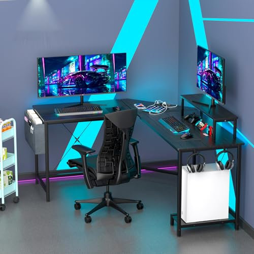 PIPIPOXER Gaming Desk 105cmx80cm L,-Shaped Computer Desk, Robusto PC ergonómico Escritorio de la computadora, Mesa de Fibra de Carbono Superior, Auriculares Colgando portavasos Negro