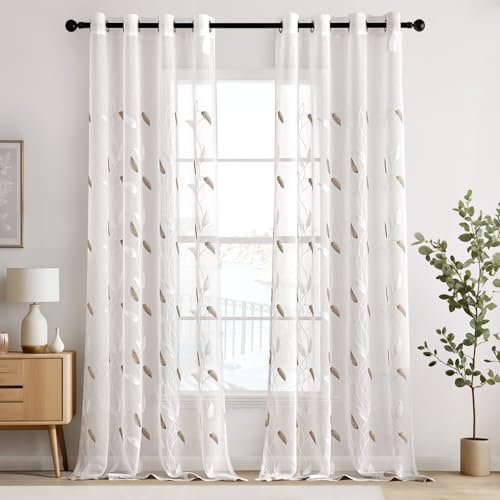 EMEMA Voile Vorhang Wohnzimmer mit Ösen Transparente Blätter Muster Schöne Stickerei Gardinen Fenster Vorhang 2er Set Modern Schlafzimmer Vorhänge Jeder H 245 X B 140 cm Blätter Braun