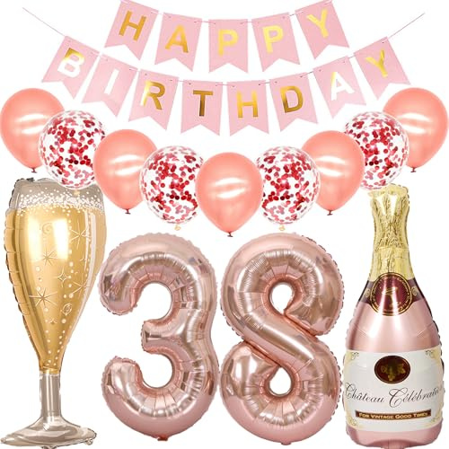 Feelairy Luftballon 38. Geburtstag Deko Frau, Rosegold Folienballon Weinflasche Sektflasche Helium Ballon Champagner Flasche, Girlande Happy Birthday Deko für Geburtstagsdeko 38 Jahre Frauen
