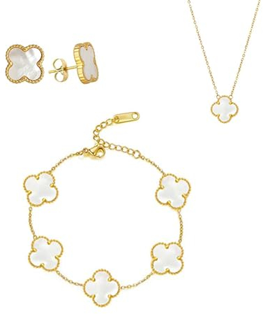 Simllyda Vierblättriges Kleeblatt Halskette Ohrringe Armband, 18K Vergoldet Vierblättriges Kleeblatt Schmuckset, Vierblättriges Glücksklee Schmuckset für Damen und Mädchen (Weiß)