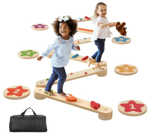 VEVOR Balance Beam Stepping Stones, 6 PCS Wooden Toddler Balance Boards, Montessori Toy for Kids 2-6, Build Coordination and Gross Motor Skills Gymnastics Obstacle Course Indoor Outdoor for Girls Boys
