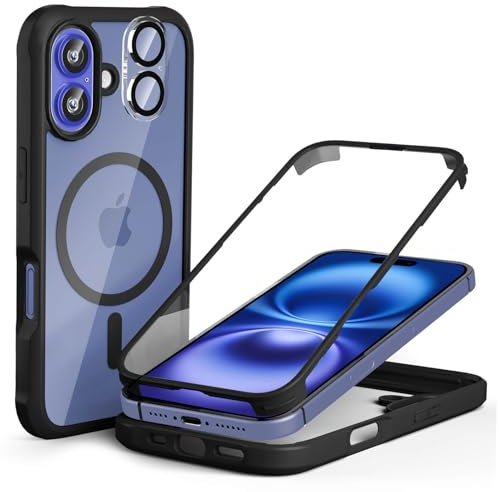 Leedia 360 Grad Hülle Kompatibel mit Magsafe iPhone 16 Hülle + 2 Kameraschutz Ganzkörper Eingebauter Glas Displayschutzfolie iPhone 16 Schutzhülle Transparent Handyhülle für iPhone 16 6.1 Schwarz