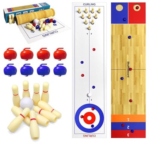 Naissgo 4 in 1 Board Game Set - Shuffleboard, Bowling, Curling & Cornhole, Ideal for School, Home, Office, Party