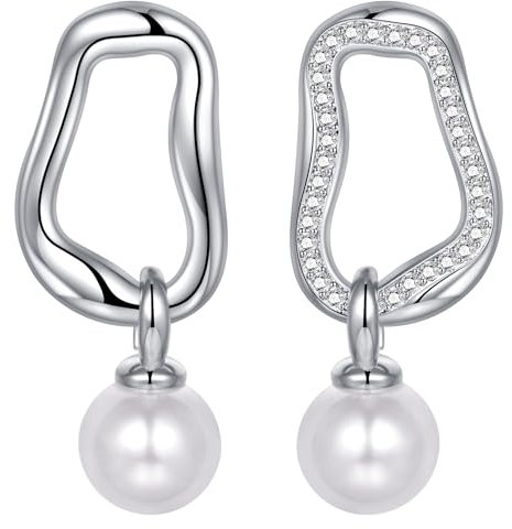 AVYRING Perlen Ohrringe Hängend, 925 Sterling Silber Ohrringe für Damen, Geometrische Diamant Ohrstecker, Eleganter und Feiner Schmuck für Bräute Brautjungfern Hochzeit