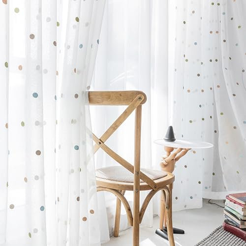 CERTNKI Hook up,W200xL270cm, 2 Stück Kinderzimmer Voile Vorhang Bunt Punkte Stickerei Transparent Gardinen Für Wohnzimmer Schlafzimmer Transparent Gardinen