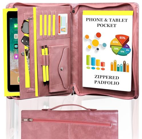 AZXCG Portfolio-Ordner, veganes PU-Leder, Padfolio für Damen, Organizer mit Reißverschluss, A4-Notizblockhalter, passend für 13,3 Zoll iPad, tragbares Portfolio mit Griff und Visitenkarte, Roségold