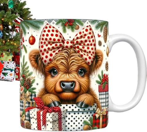 Tasses à café de Noël, tasse de vache des Highlands - Tasses à café de Noël en céramique Tasses à café de vacances,Tasse à café Highland Cow, accessoires de Noël pour chaud confortable, chocolat, a