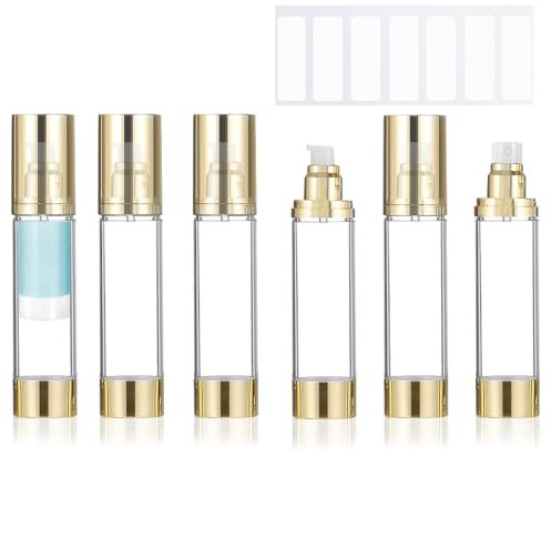 Lot de 6 flacons à pompe sans air de 50 ml, flacons vides transparents pour shampooing, lotion de voyage avec étiquettes pour fond de teint, crème, sérum, shampooing (doré)