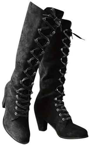 Geeylly Stivali lunghi da donna con tacco grosso, stivali alti al ginocchio con lacci in tinta unita, stivali da equitazione casual con tacco, Nero , 41 EU