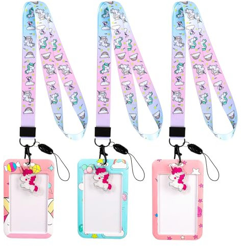 3 Pièces Licorne Porte Badge avec Cordon, Lanière avec Porte-badge avec Crochet Pivotant Porte-Cartes Détachables, Porte Badge de Carte d'Identification pour Affaires Bureau École Carte de Bus