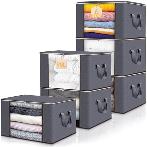 Zikenis Lot de 6 Sac Rangement Vetement, 90L Caisse Boite Rangement Déménagement Pliable, avec Poignée Renforcée, Non-Tissé Sac de Rangement Sous Lit, pour Couvertures Jouets Vêtements, Gris