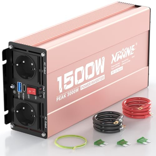 XWJNE 1500W Spannungswandler 12V auf 230V, Modifizierter Sinus Wechselrichter, Stromumwandler mit 2 AC-Steckdosen, 1 USB-A und 1 USB-C-Anschluss, Umwandler Geeignet für Auto Wohnmobil Camping Reisen