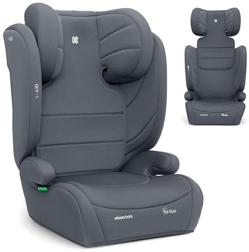 KikkaBoo i-AID Kindersitz 15–36 kg ohne ISOFIX, Gruppe 2-3 (100–150 cm), von 3,5 bis 12 Jahren, i-Size, 13-fach verstellbare Kopfstütze, Grau