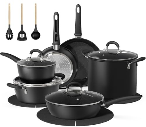 Bazova 18 Pcs Pots and Pans Set Non Stick with 12-Quart Stock Pot, Nonstick Kitchen Cookware Sets with Utensils, Large Capacity Ceramic Cookware Set, PTFE/PFAS/PFOA Free, Black