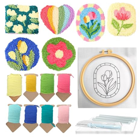 6 Pieces Floral Coaster Punch Needle Kit, Hand Art Punch Embroidery Kit with Hoop, Yarn, Needle, Felt, Hot Glue Stick & Instructions, DIY Stitching Coasters Set for Beginners Adults (Colorful)