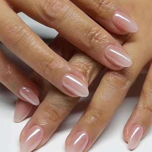 30pcs Almond False Nails - French Tip False Nails - Nude Aurora Stick on Nails with Glue - French Style Almond Press on Nails - Full Cover Acrylic Square False Nail Tips for Women Girls Nail Art