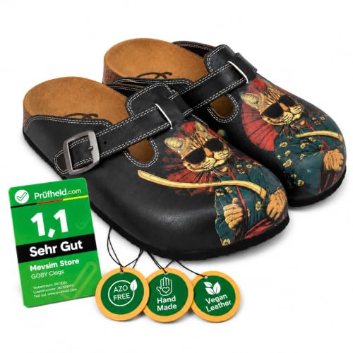 GOBY Clogs Hausschuhe Damen | Handgefertigte Premium Clogs mit Buntem Print – Bequeme & leichte Pantoletten Damen aus hochwertigem Imitationsleder mit Eva-Sohle [ Test SEHR GUT, Note 1.1 *]