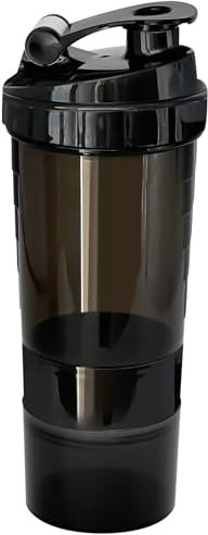 BAIFULAI Shaker à protéines avec compartiment à poudre et 3 organiseurs de comprimés, 500 ml, shaker protéiné, anti-fuite, sans BPA, pour shake protéiné de fitness, noir