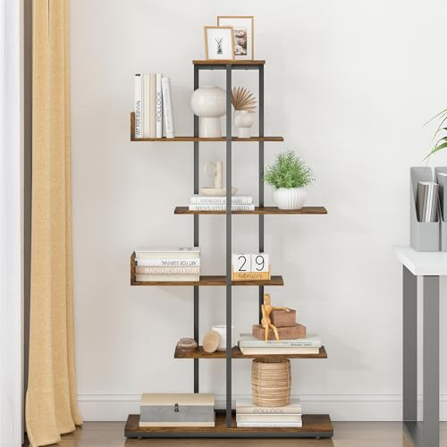 Rebonique Bookcase, 6-Tier Tall Bookshelf, Ladder Shelf Storage Rack Shelving Unit, Plant Shelf, Industrial Display Freestanding Shelf for Living Room Bedroom Home Office, 27x81x148cm (Rustic Brown)