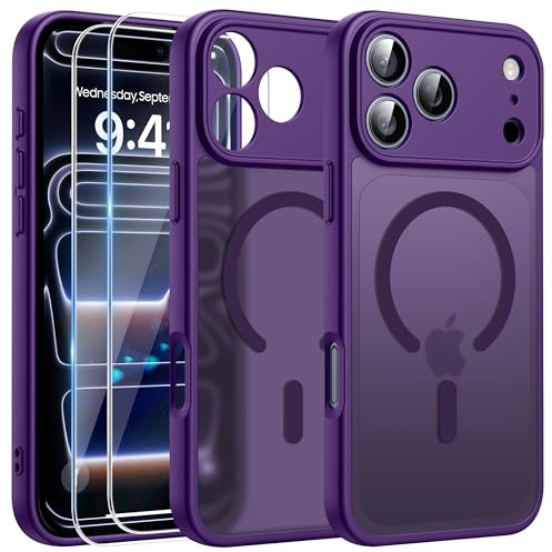 FLLAO Magnetica Cover per iPhone 17 Pro e 2 Pellicole in Vetro Temperato, Custodia iPhone 17 Pro Compatibile con Magsafe, Traslucida Opaca Posteriore Sottile Antiurto Protettiva Case, Viola Scuro
