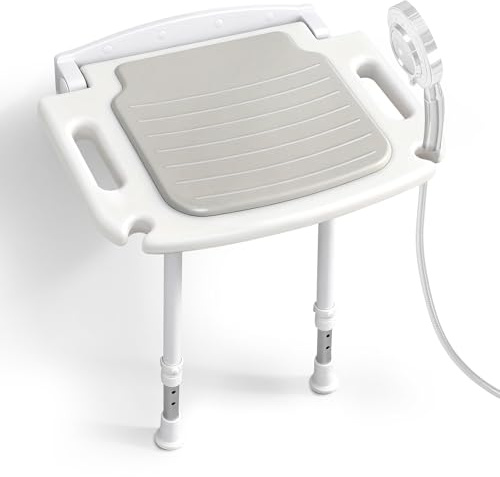 Wall Mounted Shower Seat with Arms, Extra Wide Folding Shower Chair with Memory Foam Cushion, Adjustable Height Fold Down Shower Bench for Elderly Seniors Disabled Pregnant Adults
