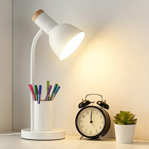 White Desk Lamp with Pen Holder, E27 Bulb Included, Flexible Gooseneck