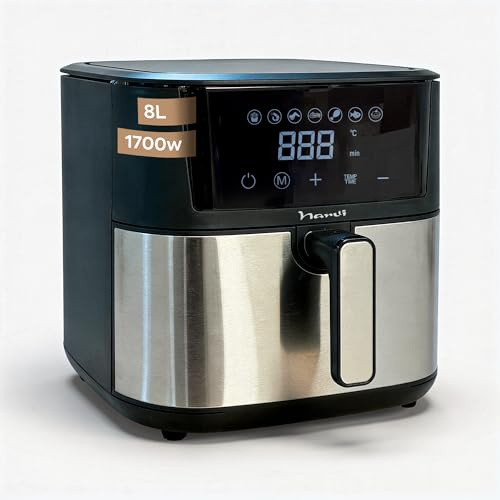 Narvi Freidora de Aire 1700W – Air Fryer 8L XXL, Panel Digital Táctil, Freidora Aire 7 Menús Automáticos, Cocción 360°, Temporizador 60 min, 80–200°C, Acero Inoxidable, Sin BPA y PFOA