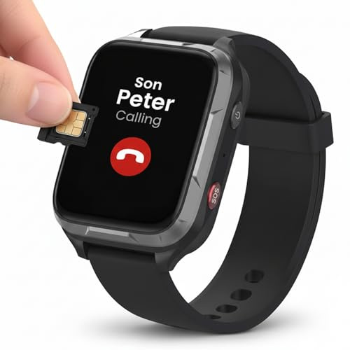CPR Global 4G SIM Free SOS Personal Alarm Watch with 2-Way Calling like a mobile phone - Features include Heart Rate monitor, Step Counter, Blood Oxygen Monitor, changeable clock face (Black)