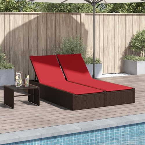 Hoopleep Doppelte Sonnenliege Braun aus Polyrattan, 123x200cm Outdoor Liegestuhl mit Kissen, verstellbar für Terrasse, Pool, Garten