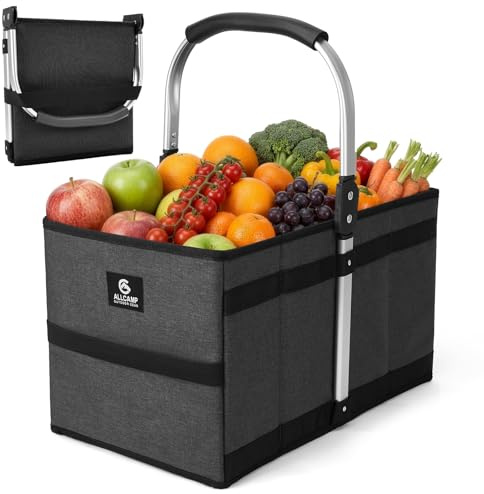 ALLCAMP 27L Einkaufskorb Faltbar Schwarz (43,5 x 25 x 24,5 cm) | Verstärkter Boden,Alu-Griff,Stabil,Platzsparend für Kofferraum und Einkauf