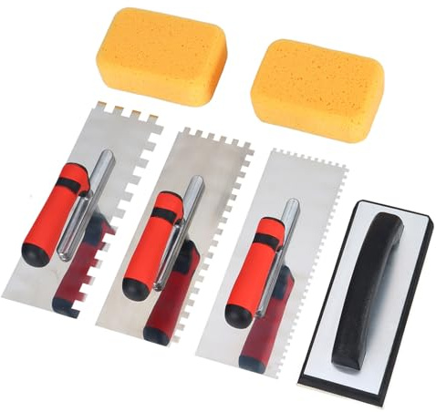 Notched Trowel Set, Tile Trowel with Rubber Grout Float and Grout Sponge | 6 PCS Set, Square Notch Size: 4mm & 8mm & 12mm, Professional Tools for Tiling Installation