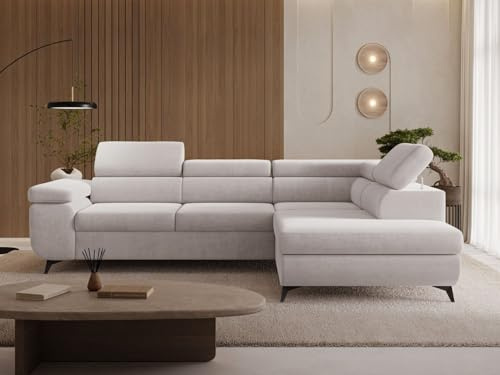 GRAINGOLD Argon L Ecksofa modern mit Bettfunktion, 255x190 cm, L-Form Sofa, Schlafcouch für Wohnzimmer, Velvet-Stoff, 4-Sitzer Eckcouch, Ecksofa mit Bettkasten (Grau, Rechts)