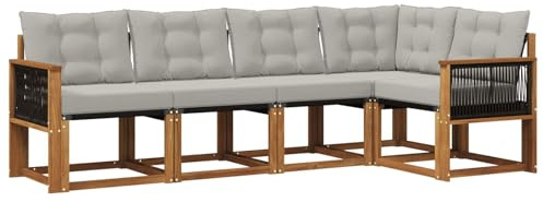 vidaXL Outdoor-Sofagarnitur mit Kissen 5 pcs Natürlich und Hellgrau, Moderne Garten-Sofaset, wetterfestes Möbel, Bequeme Liege, stilvolles Outdoor-Sitzen für Entspannung