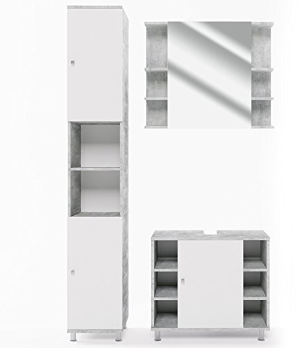 Vicco Badmöbel-Set Fynn, Badezimmerschrank-Set, Beton/Weiß, 3 Teile, mit Hochschrank