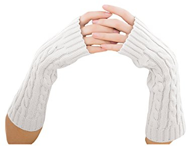 Bestgift Damen Fausthandschuhe Strick Lange Armstulpen Handschuhe Weiß Einheitsgröße