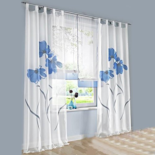 HongYa 1er-Pack Voile Gardine Transparenter Vorhang Schlaufenschal mit Florales Muster H/B 175/150 cm Blau