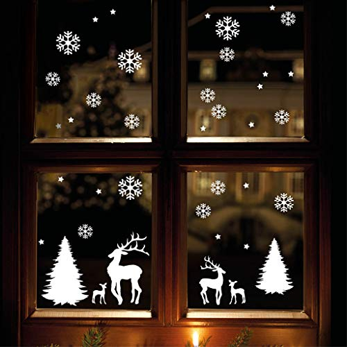 Wandtattoo-Loft Fensteraufkleber Winterwald mit Schneeflocken und Rentieren WIEDERVERWENDBAR 56 Aufkleber im Set