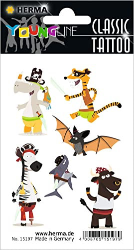 HERMA 15197 Temporäre Tattoos Piraten, 6 Stück, Klebetattoos zum Aufkleben, Fake Tattoos Aufkleber mit Tiere Motiv, Kindertattoos Sticker für Geburtstag Fasching Karneval Kinder Erwachsene