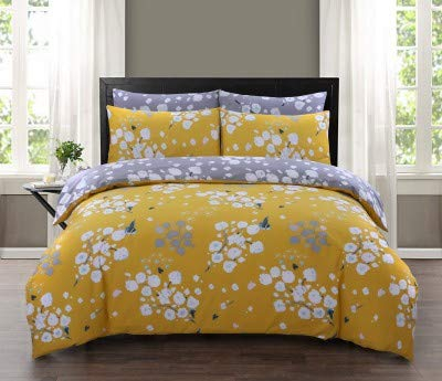 DTEX HOMES Super King Duvet Set 100% Pure Cotton Reversible Printed Hotel Quality Duvet Cover Ultra Soft Easy Care Super King Duvet Cover Set Super Soft and Luxury Duvet Cover Sets (Blossom Mustard)
