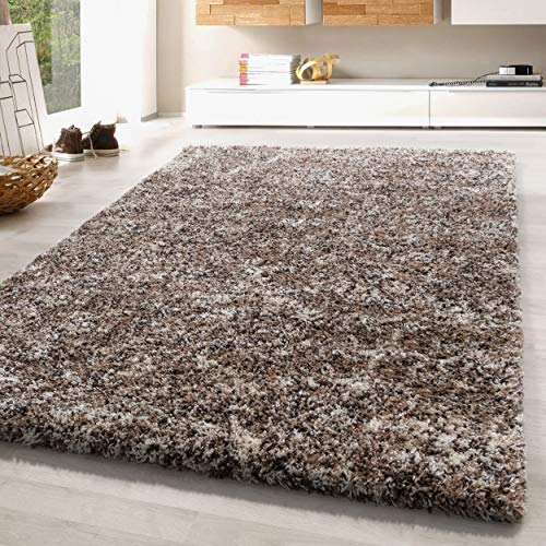 SIMPEX Wohnzimmer Teppich 120 x 170 cm Hochflor Beige - Moderne Einfarbig Meliert Design - Schlafzimmer Pflegeleicht Extra Weich Flauschig - Carpet Living Room Deko