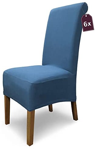 SCHEFFLER-Home Stuhlhussen Emma Baumwolle 6er Set Stretch Emma elastische Stuhlhussen Blau als Stuhlabdeckung für hochlehner Stuhlhussen und Schwingstühle Stuhlüberzug