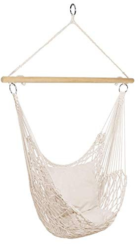 IDMarket – Sillón colgante bohemio 2 cojines color crudo diseño macramé